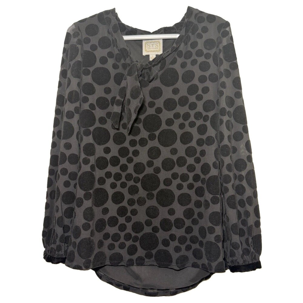 STS Sail to Sable Black Flocked Polka Dot Tie Neck Blouse S Velvet High Low